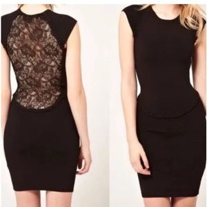 French connection black bodycon lace back dress size 8